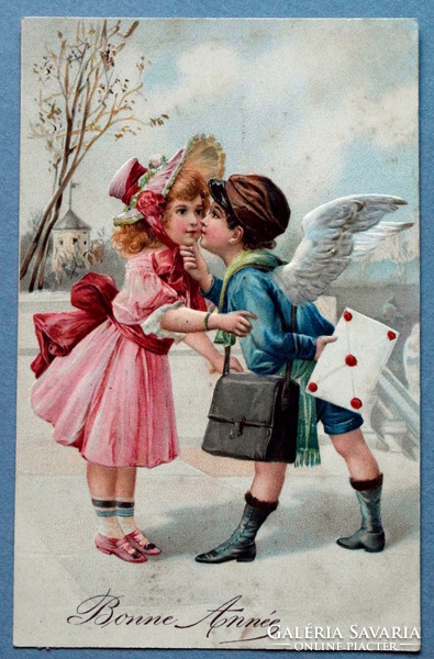Antik dombornyomott Újévi üdvözlő képeslap -kisleány, angyalka postás , téli táj  1906ból