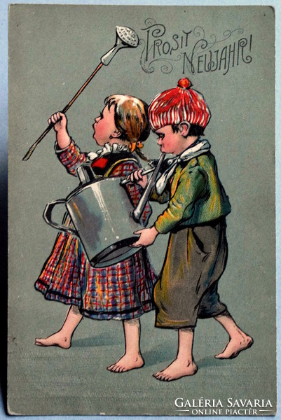 Antik dombornyomott Újévi üdvözlő képeslap - vidám gyerekek