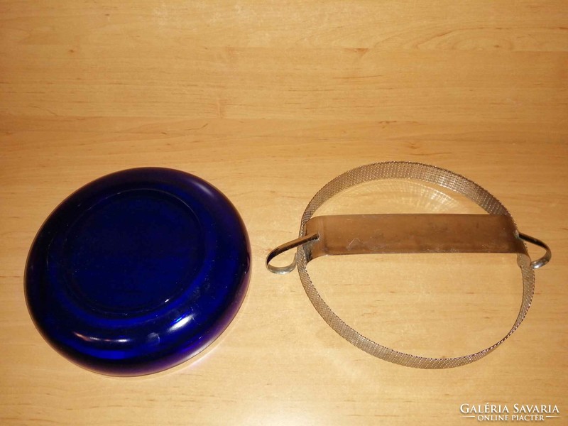 Kék üveg tál fém tartóban - átm. 20 cm (6p)