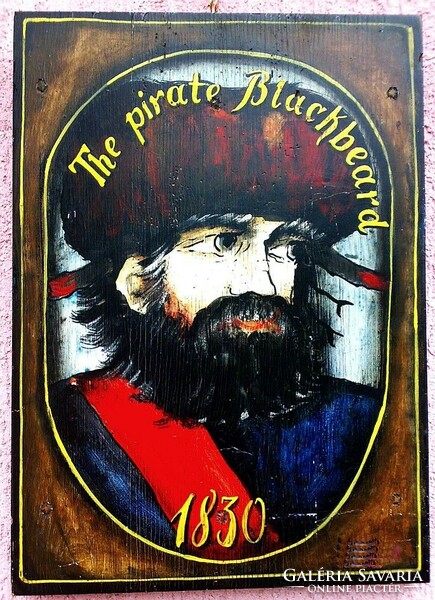 Blackbeard, the infamous pirate's portrait on a board. Signed antique painting from Italy