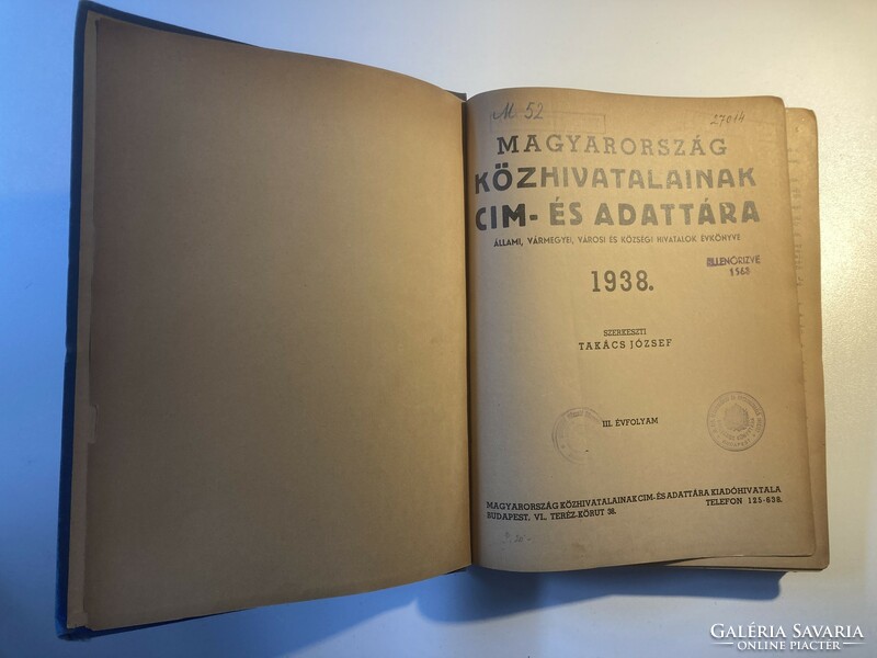 Address and database of public offices of Hungary iii. Year 1938