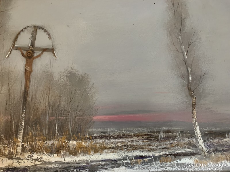 Puskás Imre "Pléh Krisztus" című olajfestménye fa keretben (103x61cm)