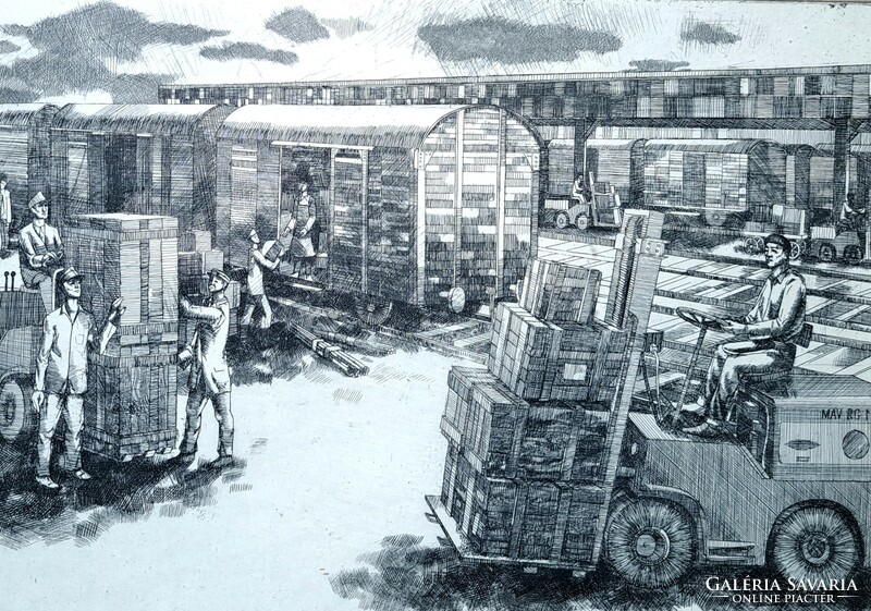 Gacs Gábor: Vasúti gépi rakodás, rézkarc - szocreál grafika, 1960-as évek