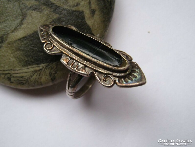 Antique silver ring, elongated goth ring with black stone