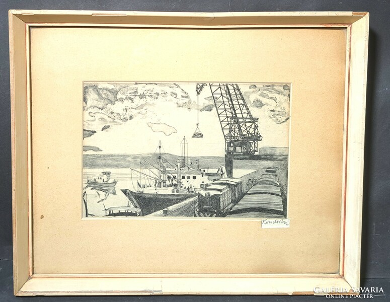 Lajos Kondor: loading at the port, etching - social real graphics, 1960s - ships, workers