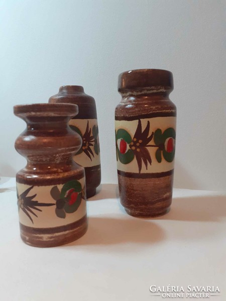 Retro rustic German ceramic vase trio brown red
