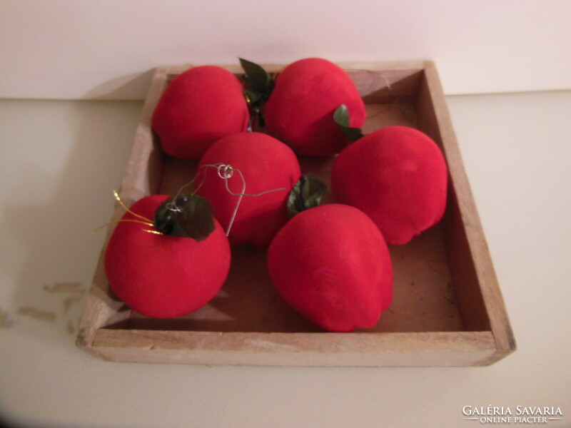 Christmas tree decoration - apple - 6 pcs - 5.5 cm - velvet - dark red - in wooden holder - German - flawless