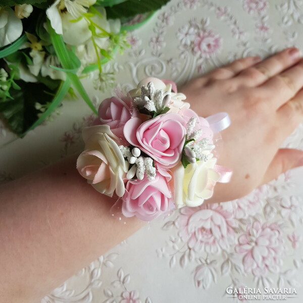 New, custom-made pink-ecru colored wrist ornament with roses and pearls