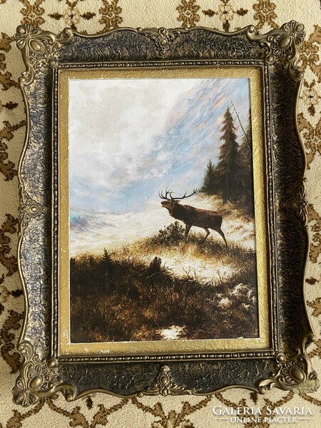 Hunter painting - print in an antique damaged frame - bucking stag in a foggy landscape