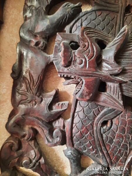 Antik kínai sárkány fafaragás, fali dombormű,  relief, Alkudható