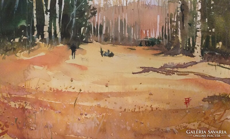 Bálinth Tibor   At the edge of the forest  (akvarell 23,3cm x 14cm papír 200 gr)  Késő őszi tájkép