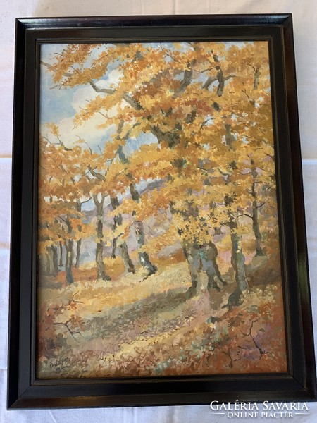 Ördögh László “Őszi erdő részlet” című olajfestménye fa keretben (74x59cm)