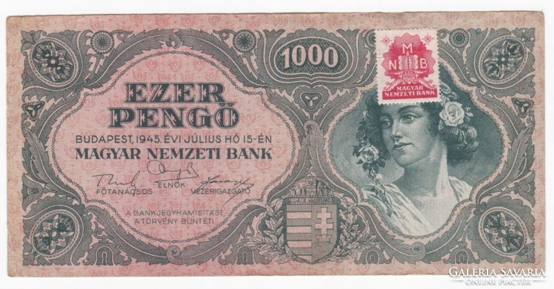 Ezer Pengő 1945-ből piros bélyeggel