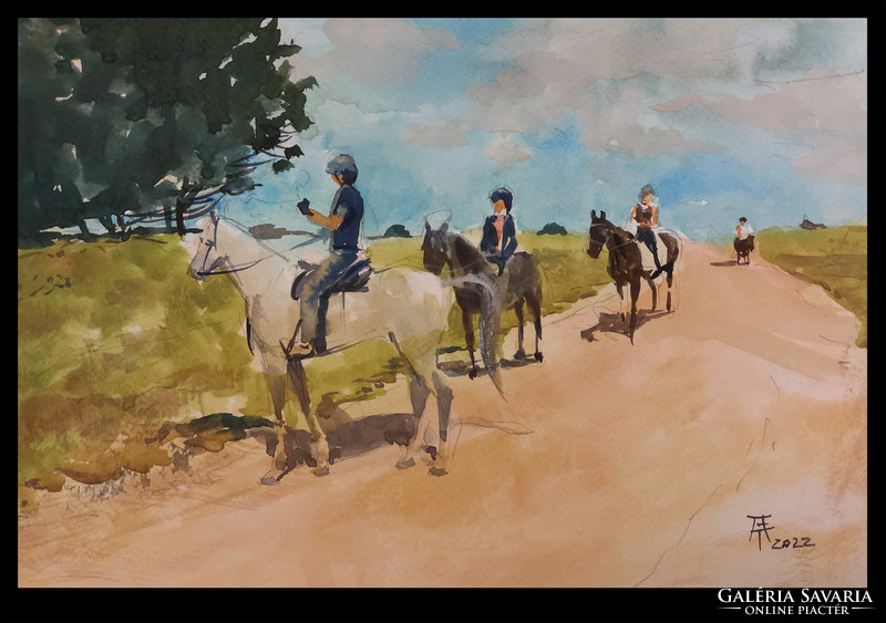 Bálinth Tibor  Horseback riding (akvarell 22,5cm x 32cm papír 200gr.) impresszionista stílusblusban.