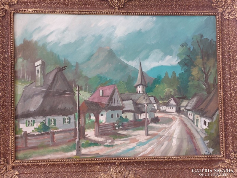 (K) Nagybányai stílusú szignózott falurészlet festmény 84x64 cm kerettel