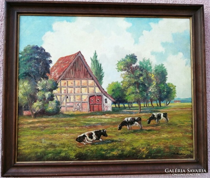 Alpesi legelő tájkép marhákkal, és istállóval keretezett olaj-vászon festmény szignóval
