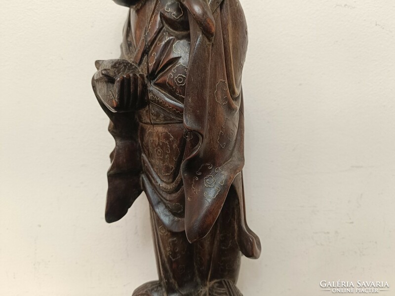 Antik nevető buddha buddhista fa szobor réz lemez berakással 489 8334