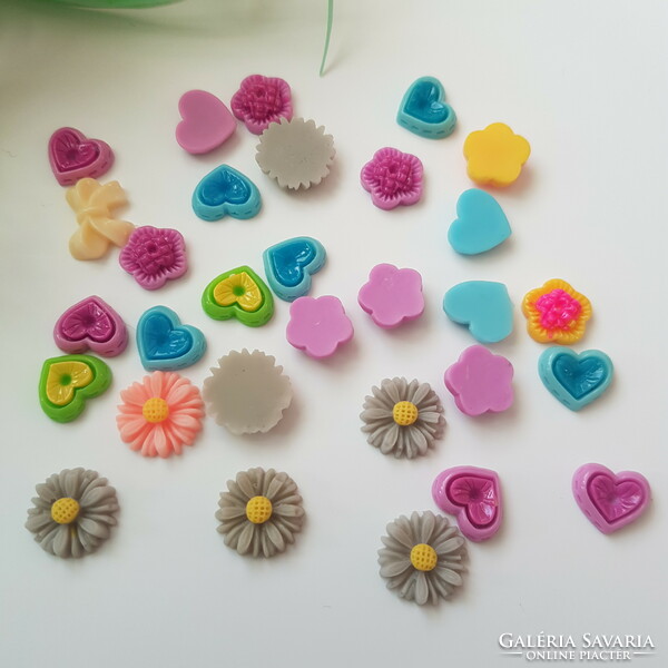New, 30 pcs flat-backed mini, heart, flower, bow-shaped ornaments for scrapbooking decoration