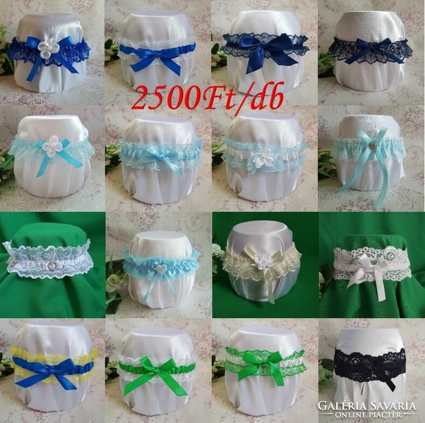 Bridal garter with yellow lace, royal blue bow, thigh lace