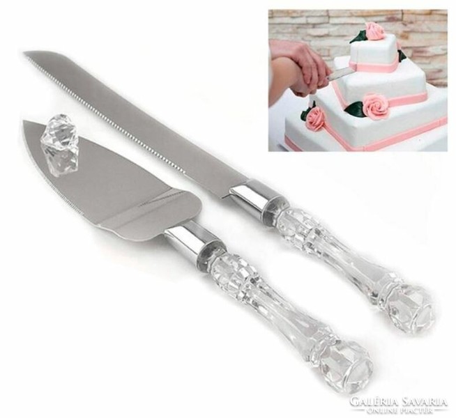 Új, 2db-os díszes nyelű esküvői tortavágó kés szett: spatula + szeletelő