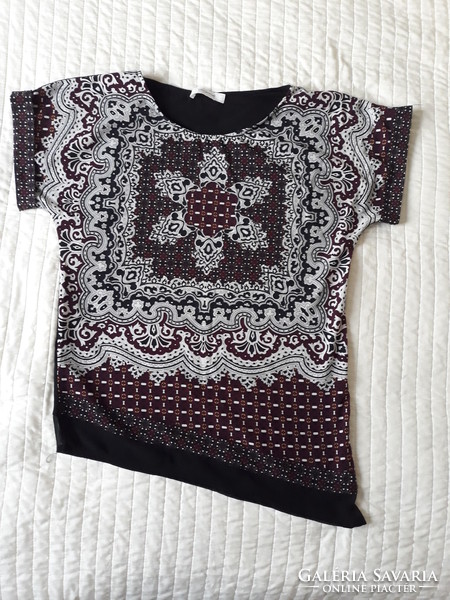 Short-sleeved promod top / tunic, burgundy-black-white, size m