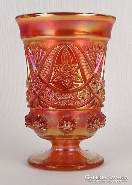 1P865 Régi irizáló formába préselt karnevál üveg kehely 16.5 cm