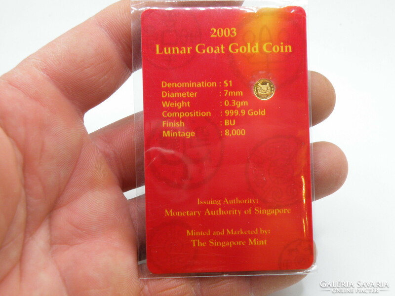 UK0037  2003 miniatűr színarany 24 karát arany érme ritka Szingapúr 1 dollár