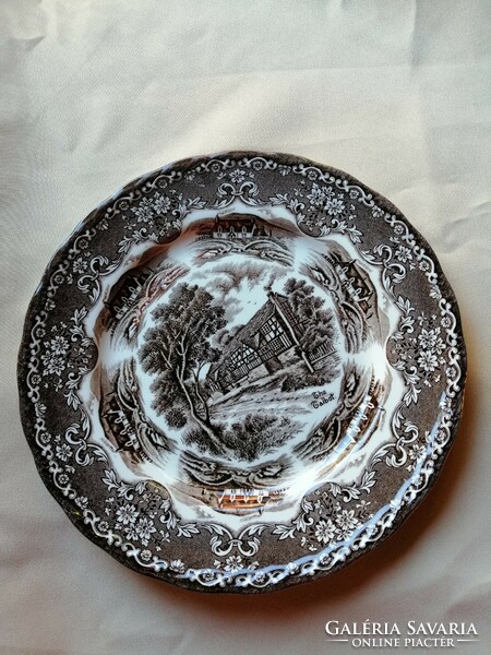 Angol fajansz tányér, barna transzfer dekorációval