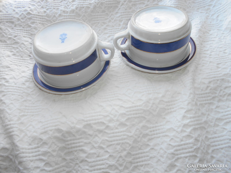 2 retro lowland thick porcelain cups + plates (1200 ft/piece) with blue-gold decoration