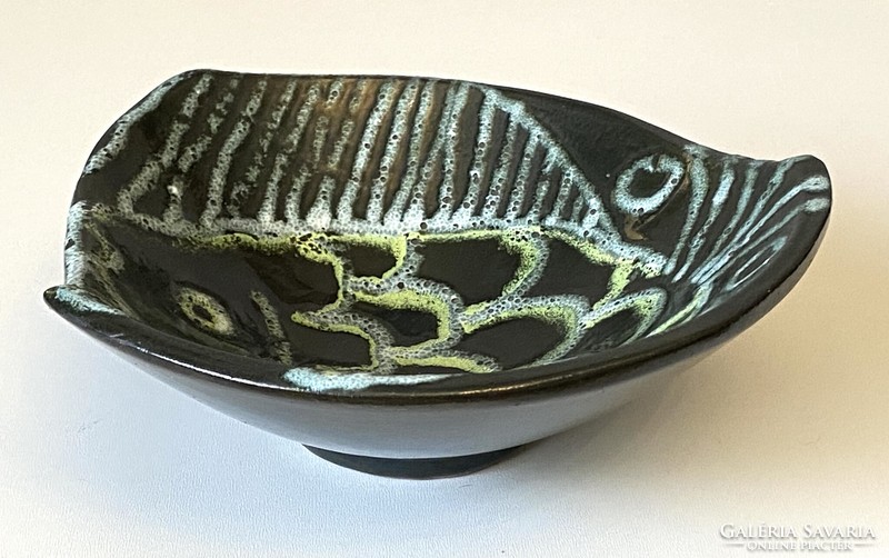 Fish-shaped green painted marked retro ceramic decorative bowl