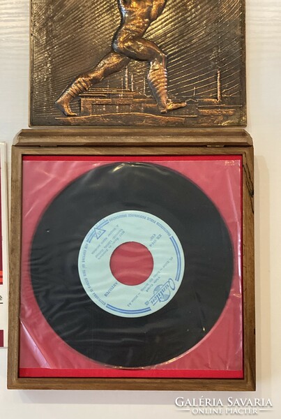 Red Csepel gift box, with a record inside - a metal embossed social real relic