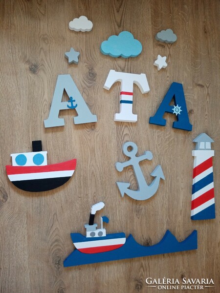 Boat-sea decor letter set, name plate, baby letter, name, decoration, baby room, children's room