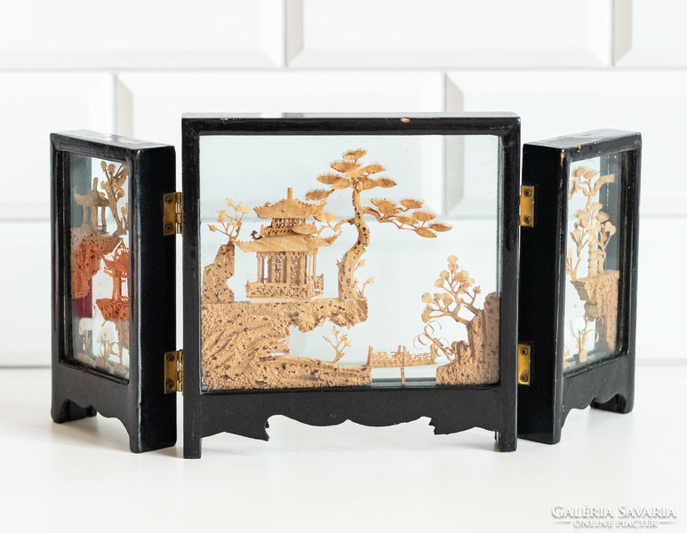 Handmade Chinese / Japanese cork landscape in screen form - miniature carving, stained glass