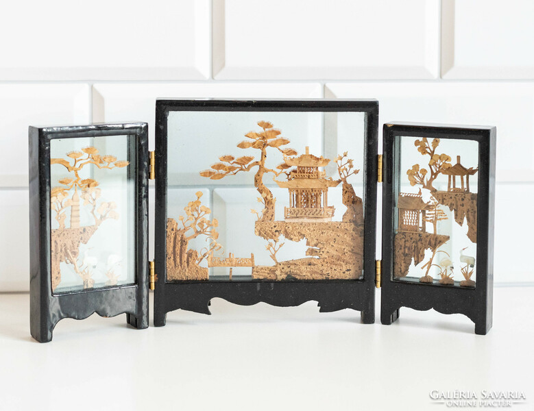 Kézműves kínai / japán parafa tájkép paraván formában - miniatűr faragás, türelemüveg