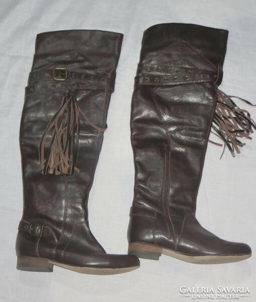 38-S brown leather flat thigh boots, length 57 cm