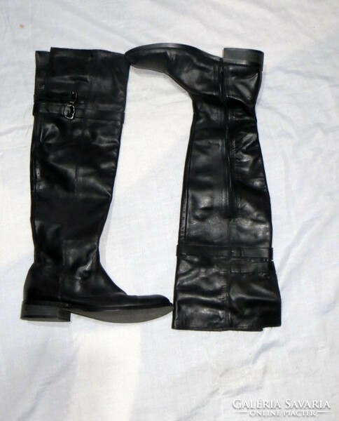 37-S black leather flat thigh boots 54 cm long heel 3 cm