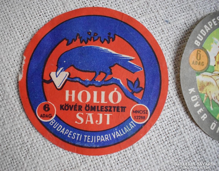Retro sajt címke 2 db , reklám , HOLLÓ kövér ömlesztett , Hortobágyi juhsajt 10 cm