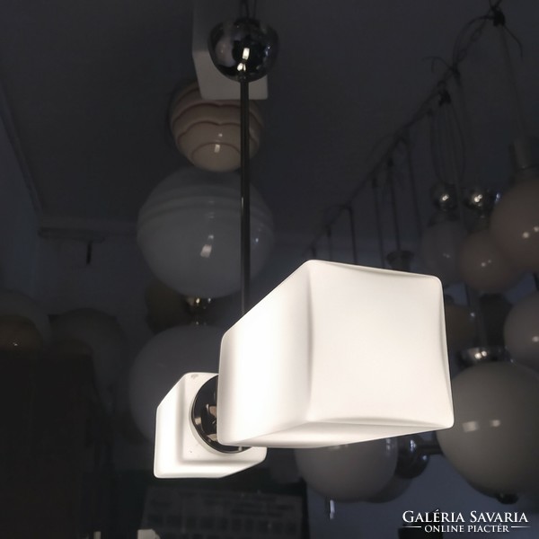 Bauhaus - art deco nickel-plated 2-burner chandelier renovated - frosted milk glass 