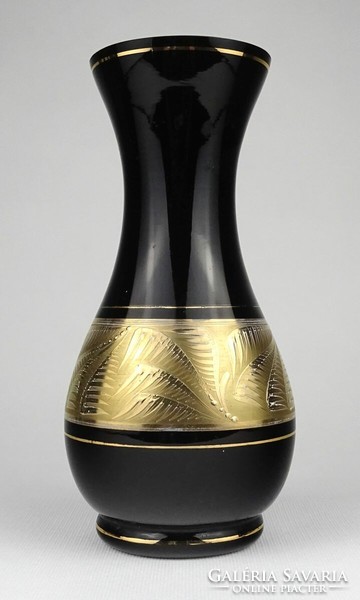 1Q032 mid century gilded black glass vase 20 cm