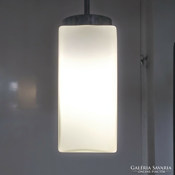 Bauhaus - Art deco nikkelezett mennyezeti lámpa trió felújítva - matt tejüveg "tégla" búra