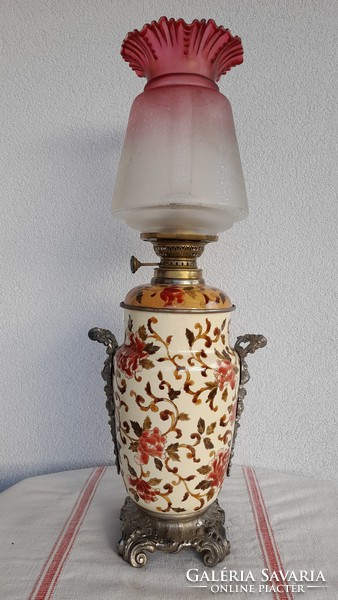Steidl znaim table kerosene lamp, large, majolica, tulip shade, everything is original