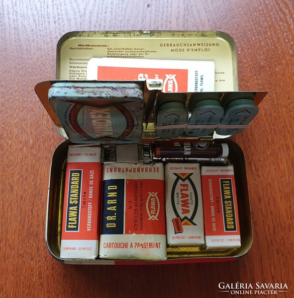 Régi FLAWA Taschen-Apotheke elsősegély doboz eredeti tartozékaival fémdobozban