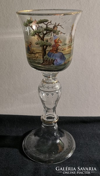Antik, XIX-ik század. Panoráma festésü üveg kehely, pohár. Nagyméretű, Cca. 1860. Hibátlan!