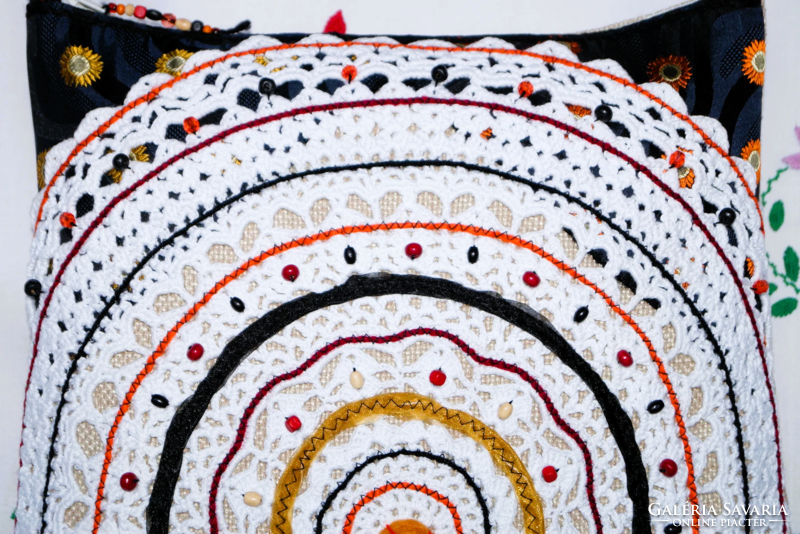 White Mandala Crochet Lace Orange Felt Ball Beaded Vintage Medium Women's Shoulder Bag