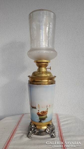 Art Nouveau table kerosene lamp, large, metal, glass, everything is original