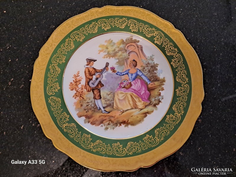Limoges francia porcelán aranyozott dísztányér zsánerjelenetes tányér 25 cm