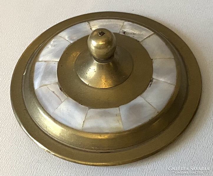 Round copper lidded jewelry tray with mother-of-pearl decoration