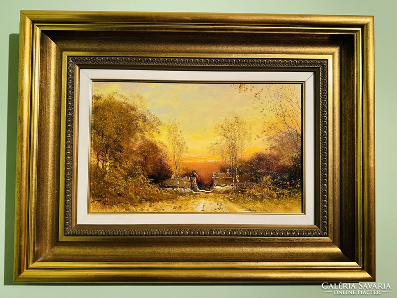 JAKUBIK ISTVÁN (1968-): Esti fények 49 x 64 cm csodás aranyozott kerettel