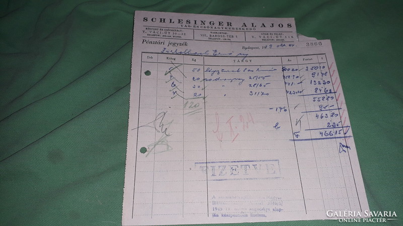 1949. SCHLESSINGER ALAJOS BUDAPEST vasáru kereskedelmi számla a képek szerint