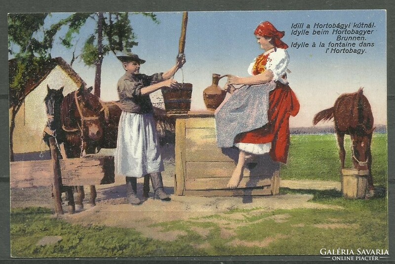 1918.- Hortobágy -nem futott - képeslap - Idill a kútnál